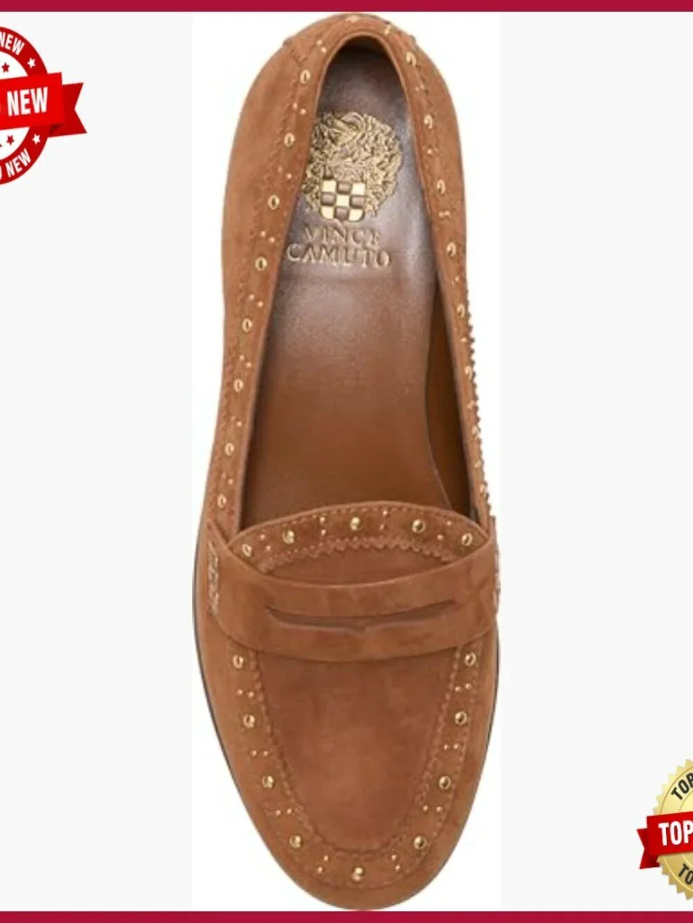 Suede Loafers with Pin Studding, Block Heel, Almond Toe, Pull-On Closure